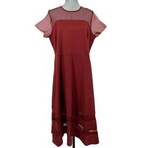 Roamans Womens Plus Size 16W Organza Trim Red Fit and Flare Midi Dress Illusion
